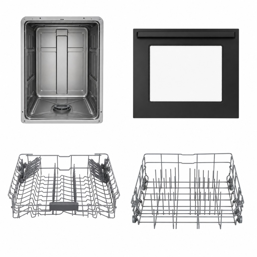 Four imagegen part renders: body, front door, upper rack, and lower rack