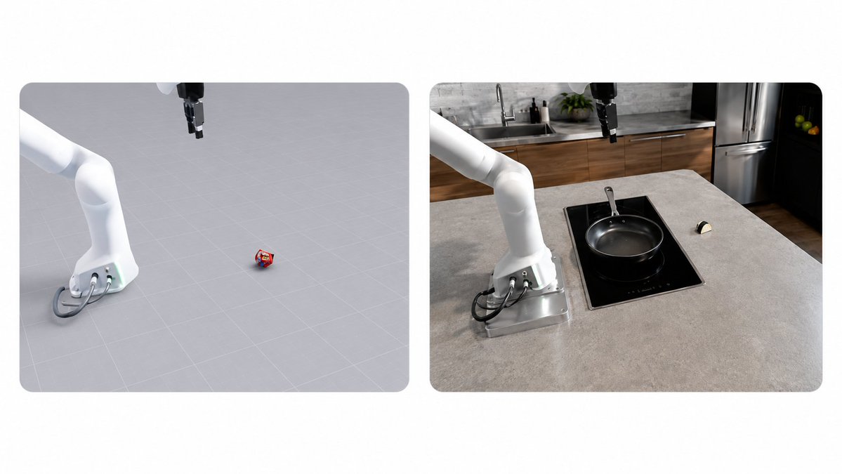 figure 1: On the left is a typical simulator render; clean grey floor, uniform lighting, no texture variation, the robot and object exist in a visually sterile environment. On the right is what a real deployment setting looks like; a kitchen counter with natural surface texture, ambient lighting, background clutter, a pan, a refrigerator. A policy trained only on data that looks like the left image has less probability to perform reliably in an environment that looks like the right one. The visual gap between the two is the core of the sim-to-real problem.